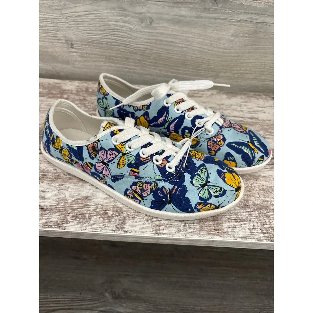 Womens Butterfly‎ Print Canvas Sneakers Blue Multi Lace Up Low Top Shoes Size 8